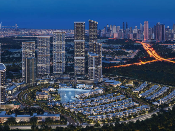 Skyvue Solair at Sobha Hartland II, a luxury residential tower with innovative architecture, offering panoramic views of Dubai's skyline.